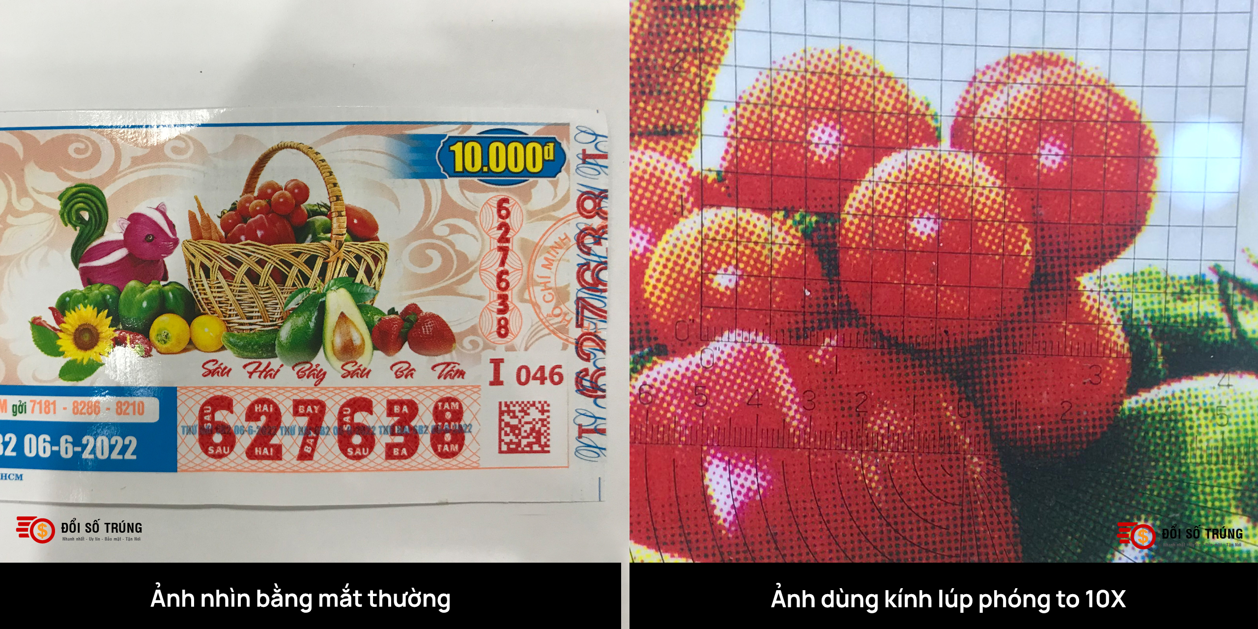 Ảnh trung tâm tờ vé số phóng to để kiểm tra đổi số trúng